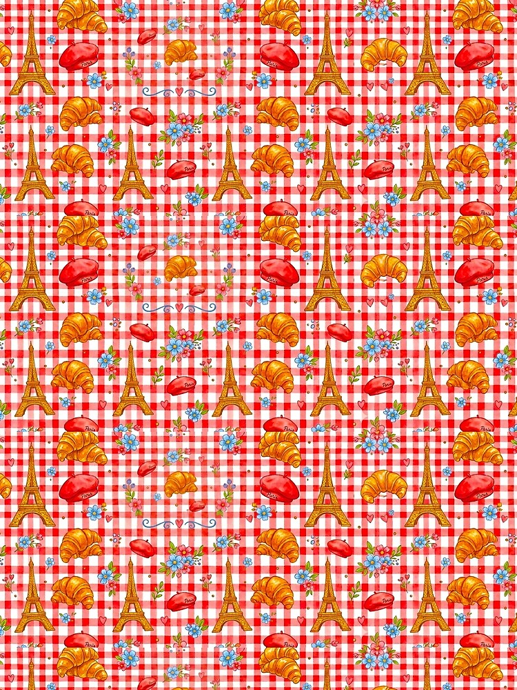 Paris Picnic Gingham Pattern - Red Checkered Eiffel Tower & Croissant Art by MT-Hub | Art for Every Soul