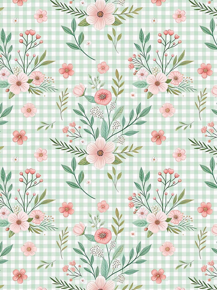Pastel Pink Wildflowers on Sage Green Gingham by Nyx Creates