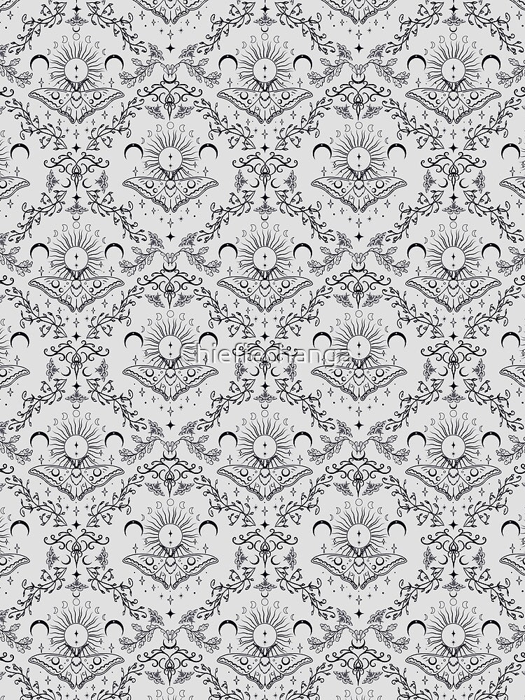 Whimsical Moon Moth Celestial Pattern Black and White by Chiefiechanga