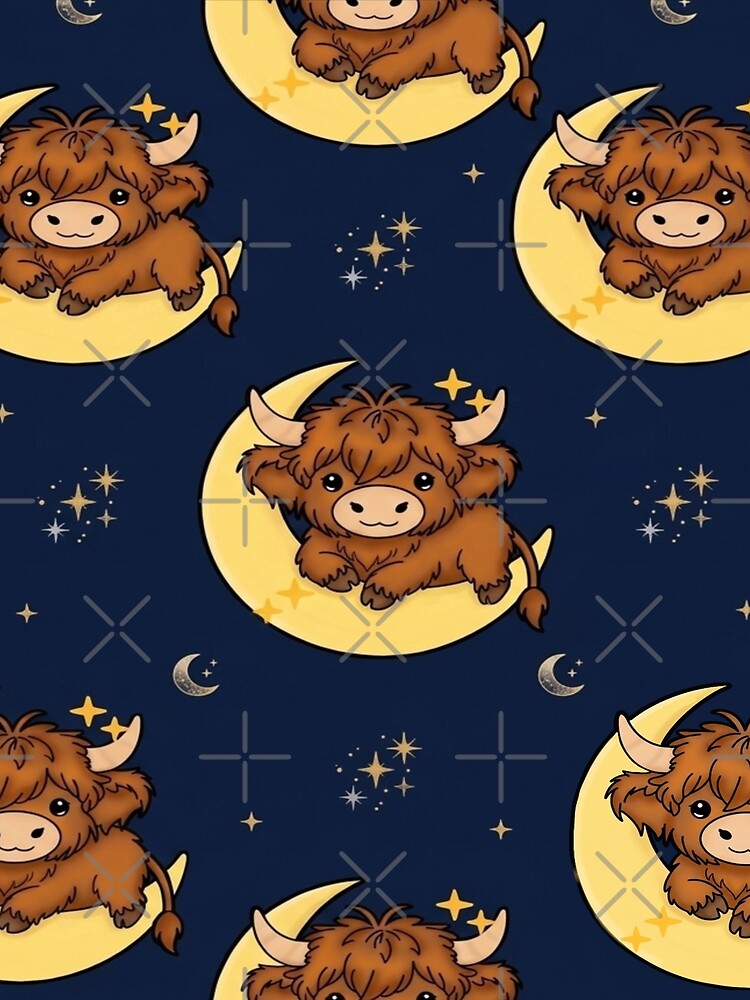 Fluffy Highland Cow laying on moon by st7nnlng