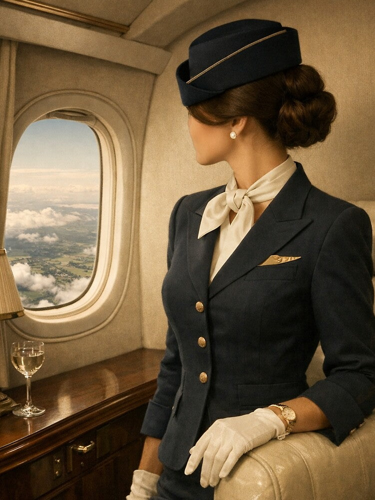Old Money Faceless Flight Attendant Wallpaper – Timeless Luxury Aviation Art by Ve & Co