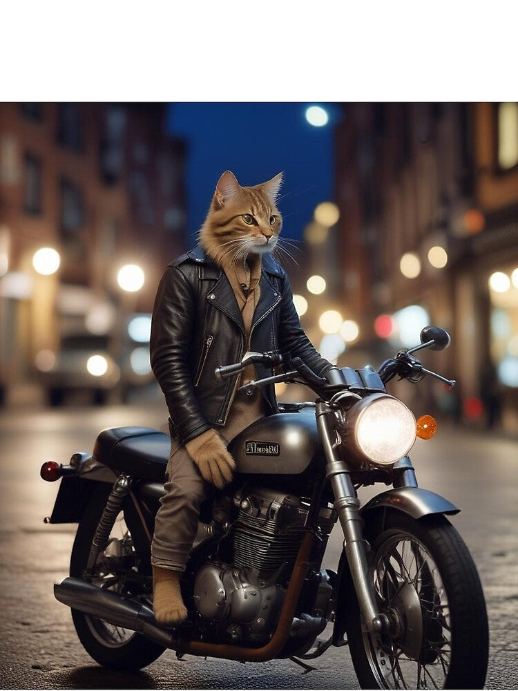 A street cat in a cool leather jacket, leaning against a vintage motorcycle parked on a quiet, moonlit street by New-Unique