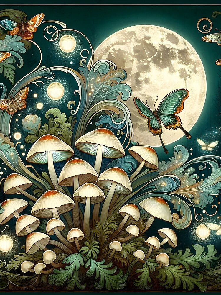 Moonlit Mushroom Garden with Moths Butterflies and Full Moon by ArtDesignRemix
