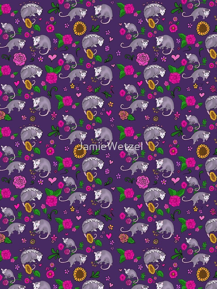 Trash Royalty in Dark Purple Floral Possum Print Animals with Flowers by JamieWetzel