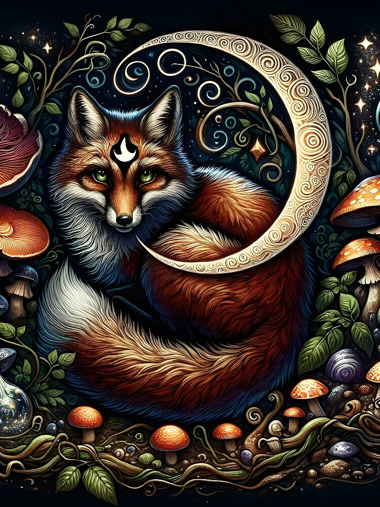 Mystical Fox Moon Mushroom Forest Whimsigoth Fantasy Art by ArtDesignRemix