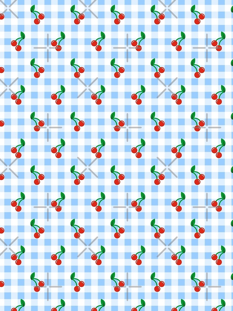 Gingham Pattern Light Blue and White Cherries by Pinkdeer Designs