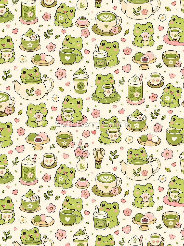 Kawaii Frog Matcha Tea Party Pattern by Soft Berry Studio