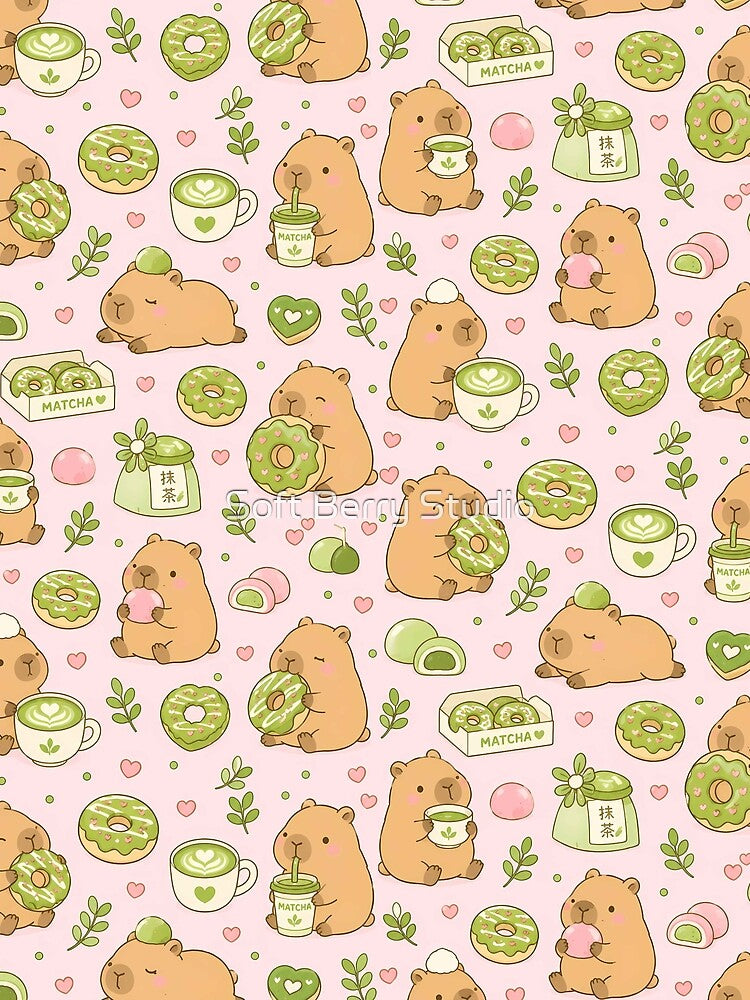 Capybara Matcha Donut Pattern by Soft Berry Studio