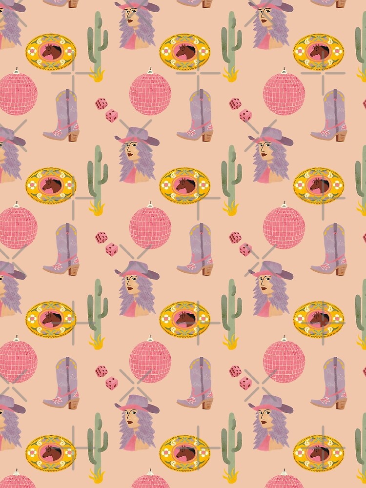 Disco Cowgirl Western Pattern | Retro Rodeo Boots, Disco Ball & Cowgirl Aesthetic by Carrie Cantwell Art
