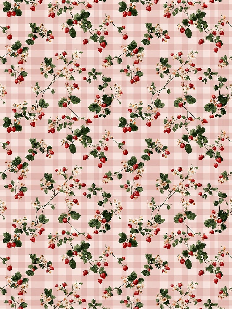 Vintage Strawberry Gingham Pattern | Pink Picnic Check with Berries | Aesthetic Coquette Pink Plaid | Retro Wild Strawberry Botanical | Cute Summer Fruit Gingham | Pastel Pink Checkered Florals by VivaFy