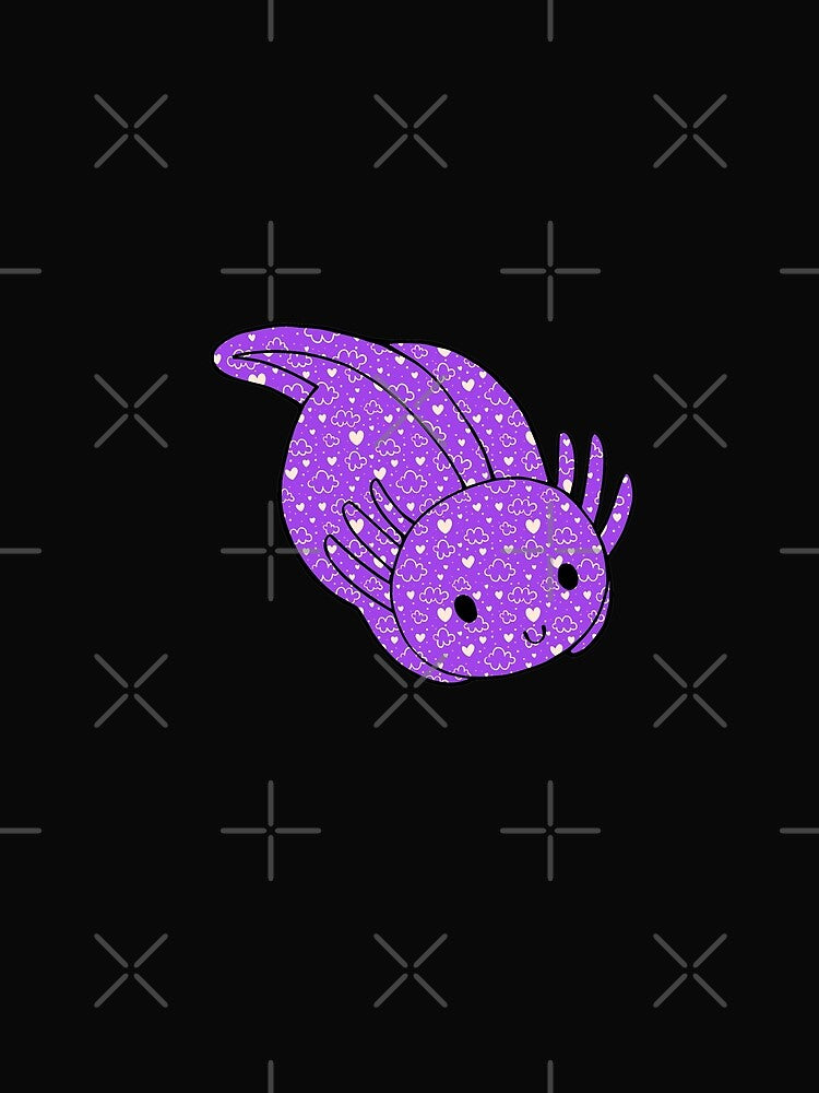 Cute Kawaii Baby Chibi Axolotl in Purple with Hearts and Cloud Pattern by InkMemories
