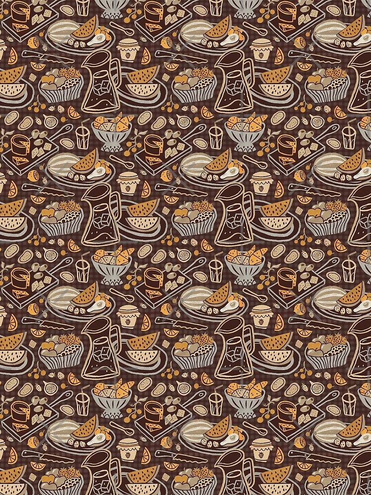 Retro picnic pattern, ochre yellow on chocolate brown by Miss-Belle