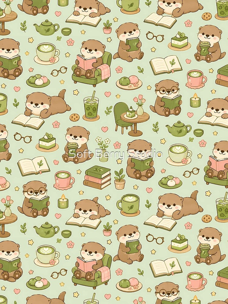 Otter Matcha Book Coffee Pattern by Soft Berry Studio