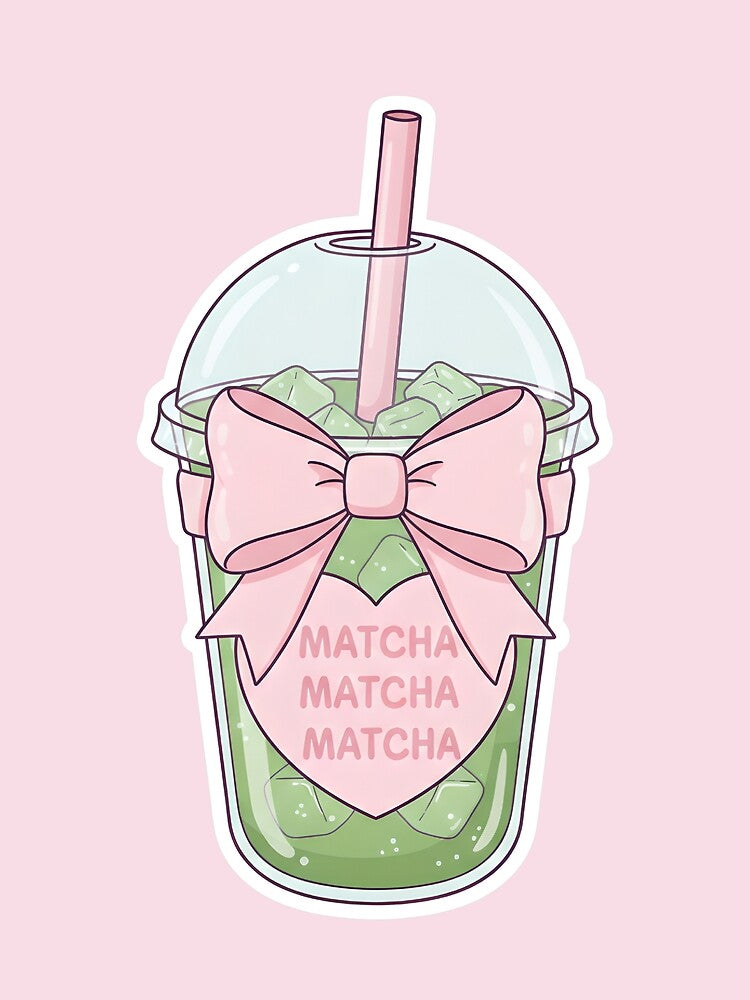 Coquette Matcha Iced Latte Bow Aesthetic – Pink Kawaii Drink Illustration by GiftsCreek
