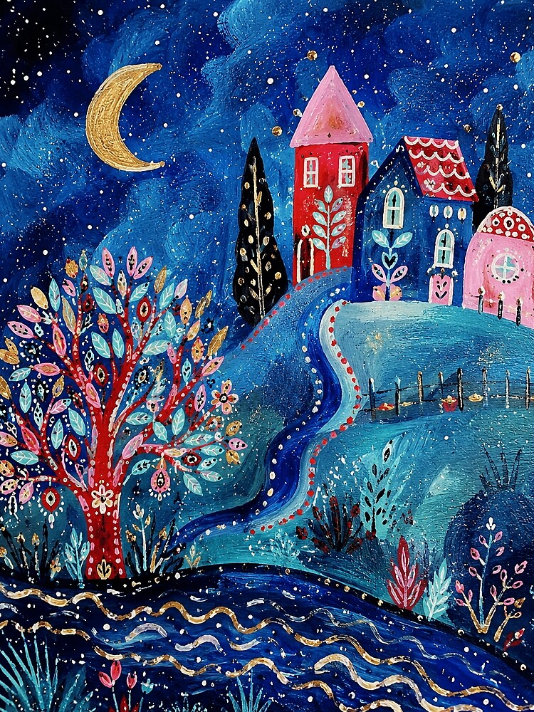 Whimsical Moonlit Village Painting With Colorful Folk Art Landscape by eliramaison