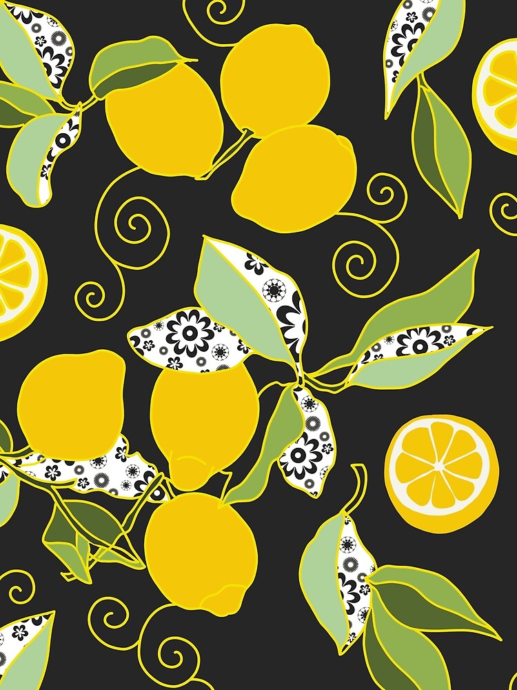 Luscious Yellow Lemons with Black Background by MausieDesigns