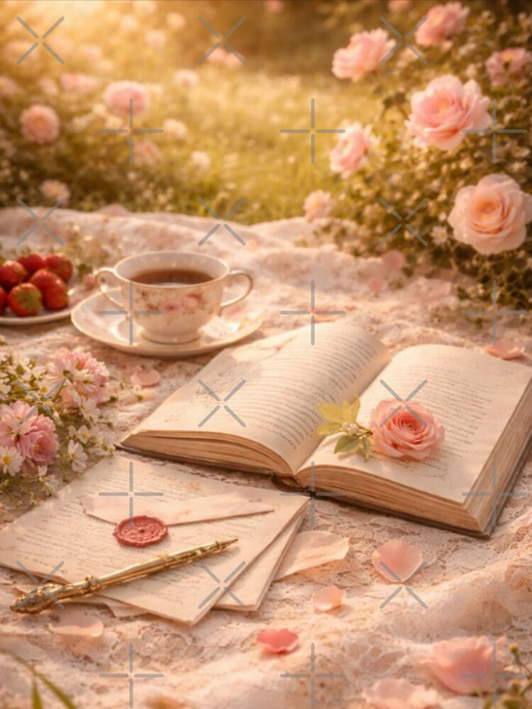 Rose Garden Reading – Cozy Storybook Tea by ArtFreshStudio