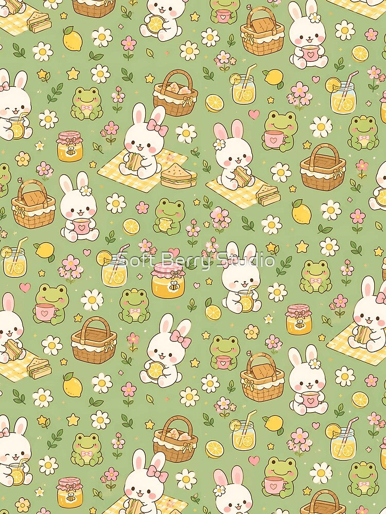 Bunny Frog Lemon Picnic Kawaii Pattern by Soft Berry Studio