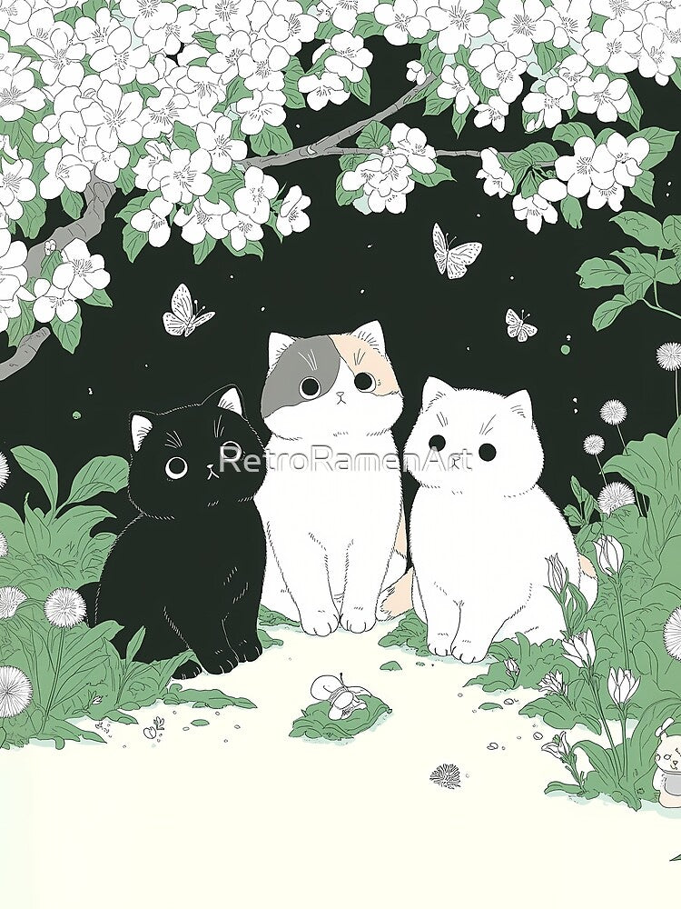 Whimsical Kittens in a Night Garden by RetroRamenArt