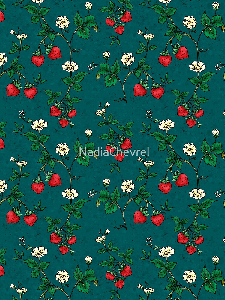 Red strawberries and white flowers on  dark teal by NadiaChevrel