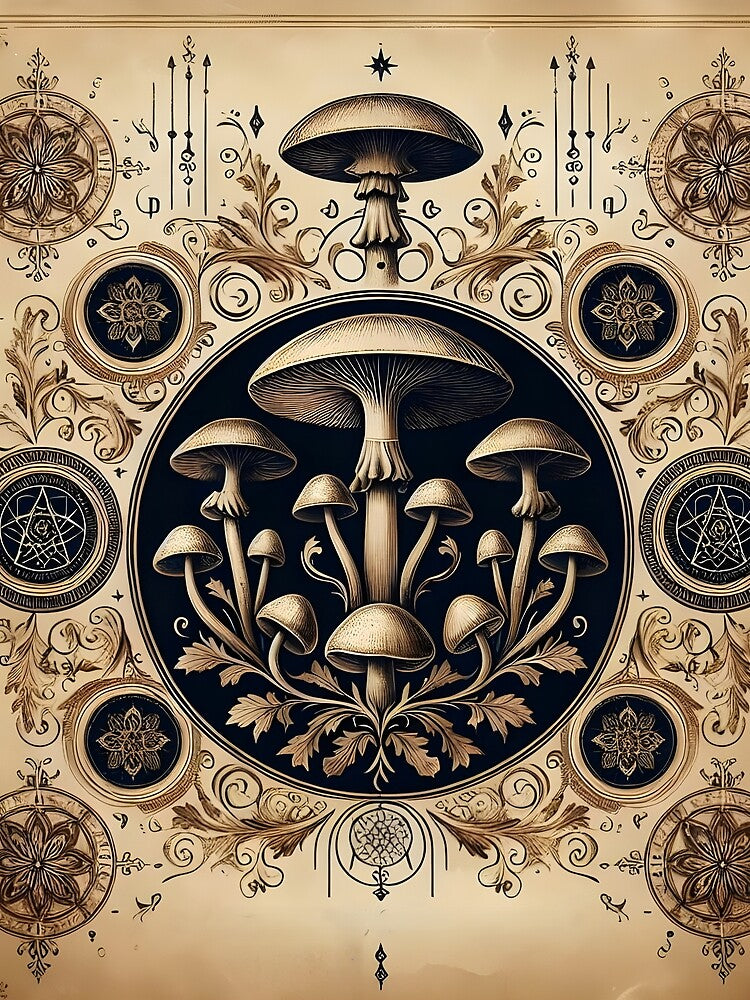 Vintage Occult Mushroom Illustration in Navy & Gold Ornate Frame by ArtDesignRemix