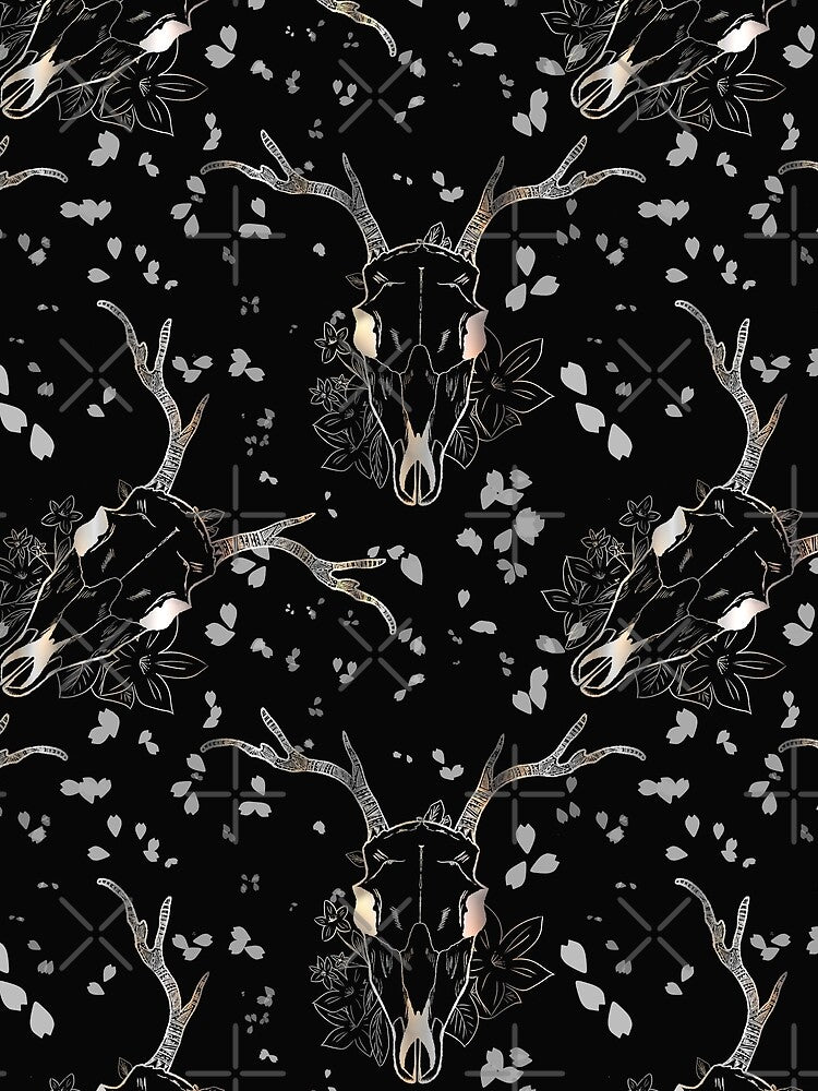 Whimsigoth Silver Deer Skull Floral Pattern on Black by Little Wimbly
