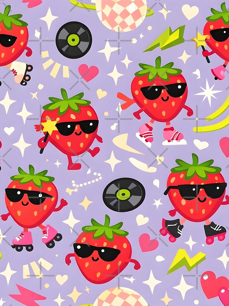 Strawberry Disco Pattern – Cute Retro Strawberry Vector Art, Colorful Fun Aesthetic Design by WAUZ
