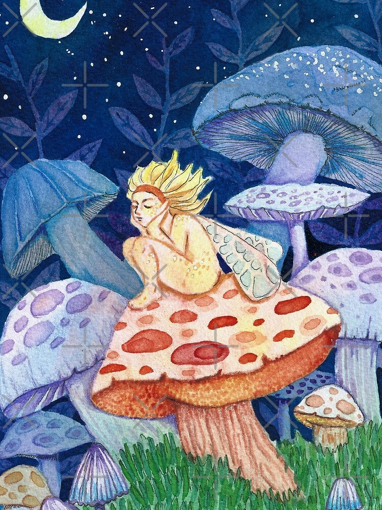 Fairy sitting on a mushroom - watercolor illustration by Carrot Faery Art