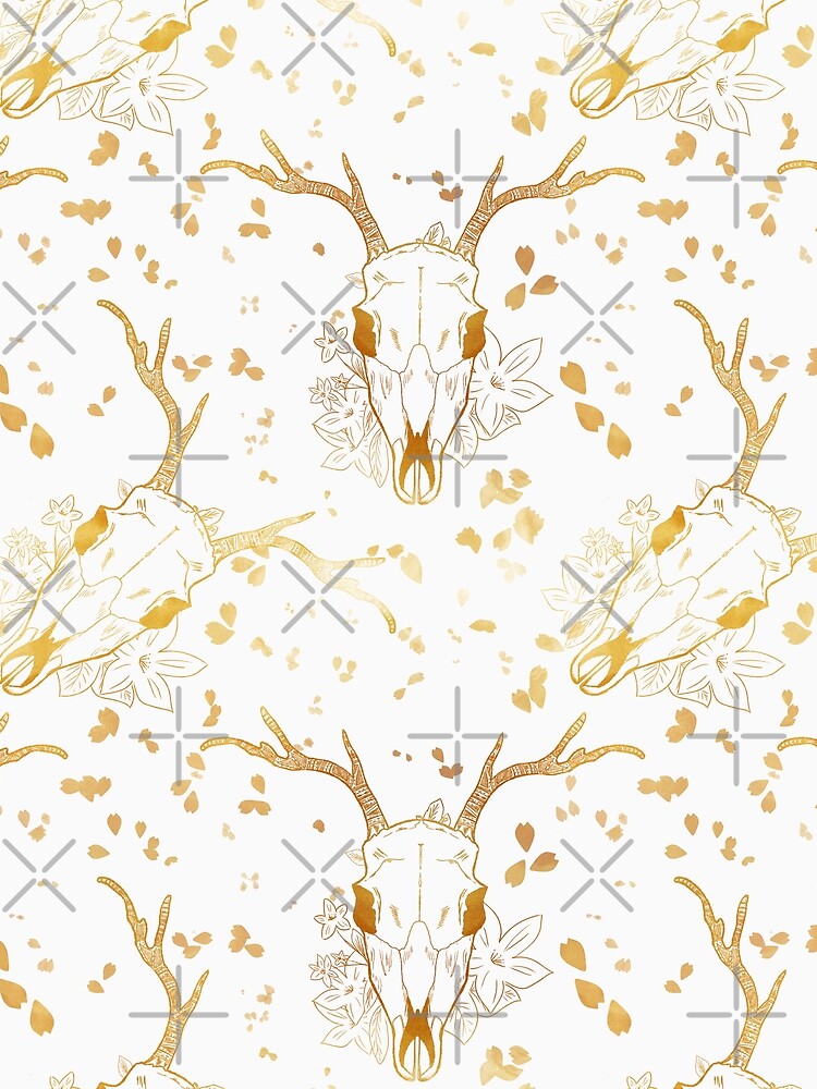 Whimsigoth Golden Deer Skull Floral Pattern on White by Little Wimbly