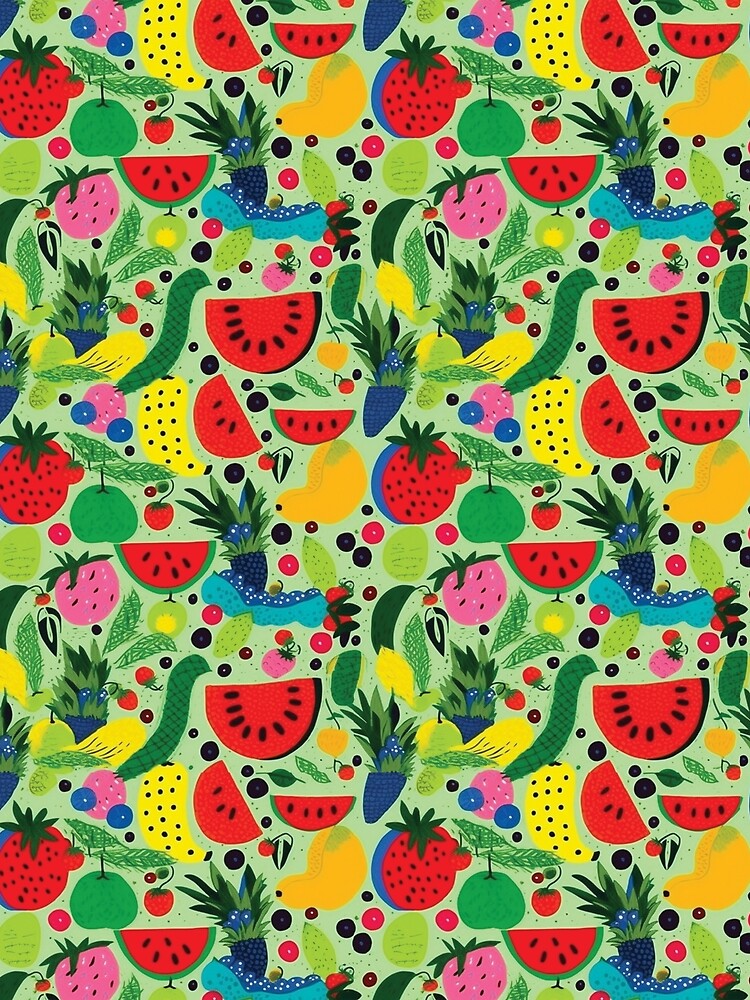 Bold and Vibrant Fruit Pattern on Green Background  Cheerful Fruit Design by ArtPowTech