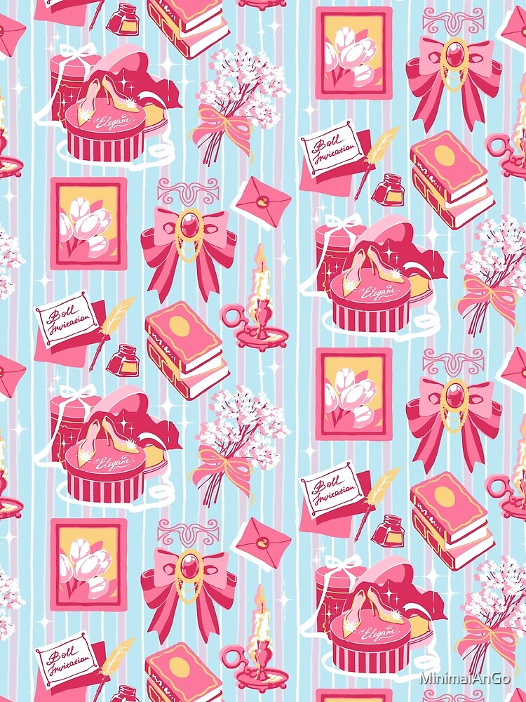 Romantic Regency Aesthetic Pattern  (Pink, Yellow and Blue Colours) | Vintage Books, Bows and Royal Accessories Collage by MinimalAnGo