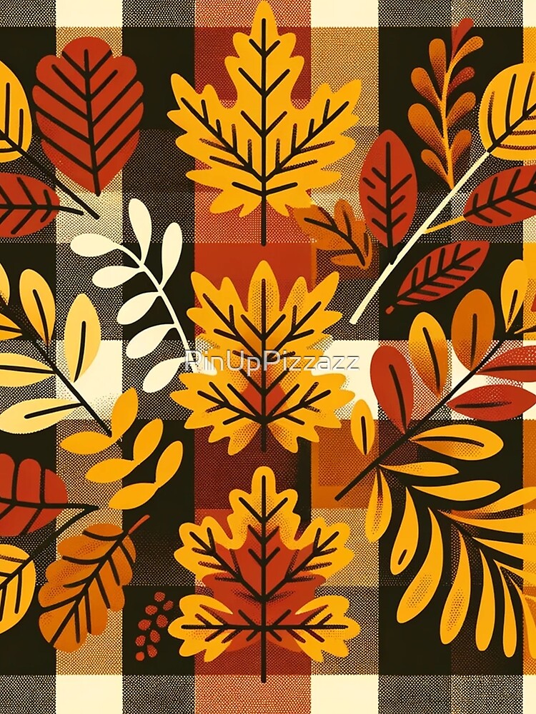 Autumn Colored Checkered Print Pattern With Fall Leaves by PinUpPizzazz