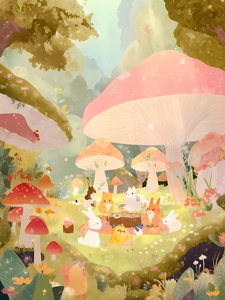Kawaii Animal Picnic in a Magical Mushroom Forest by Kawaii Drops