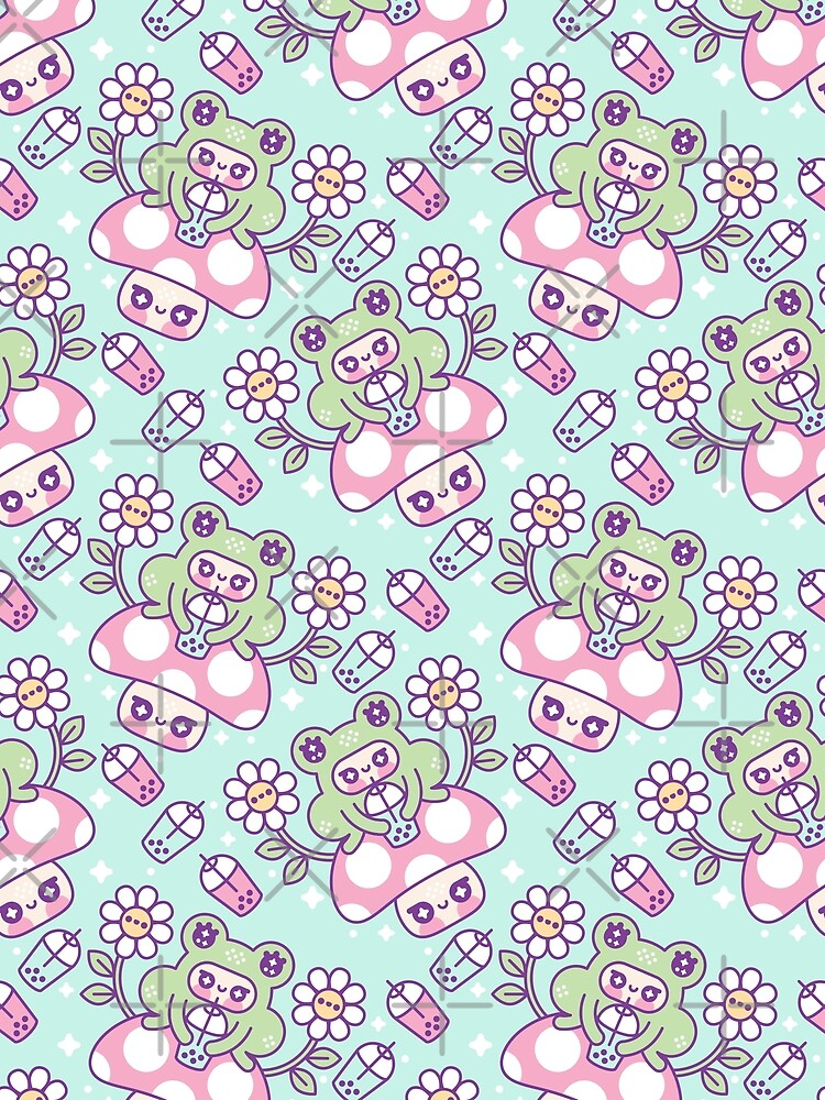 Kawaii Frog on Mushroom Drinking Boba Pattern by musingtreeart