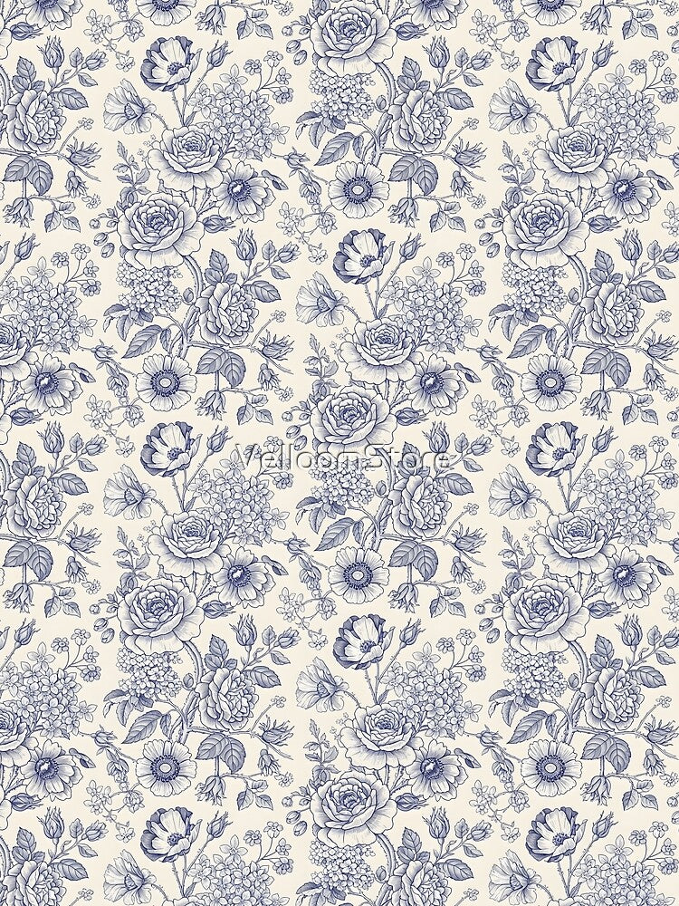 18th-Century Vintage Rose Toile – Navy & Cream Engraving by VelloomStore