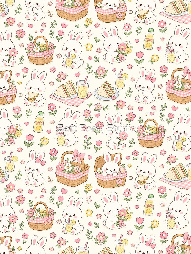 Kawaii Bunny Flower Picnic Pattern by Soft Berry Studio