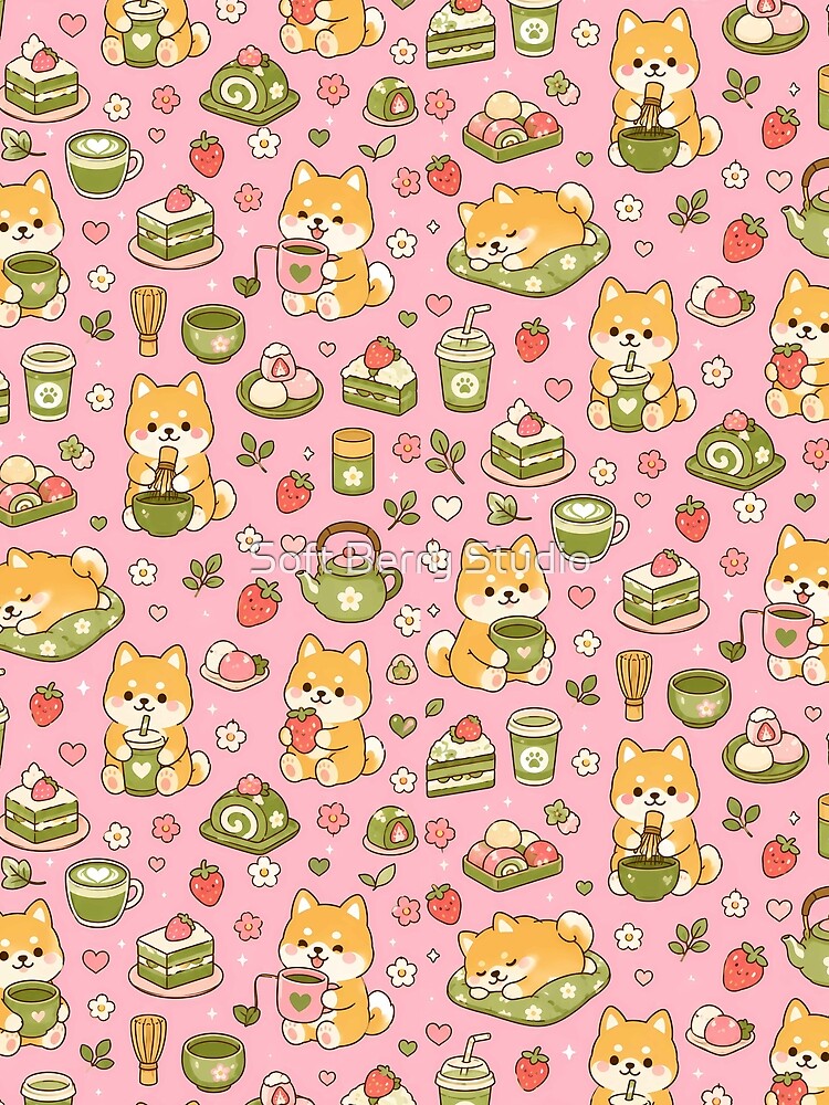 Shiba Inu Matcha Strawberry Kawaii Pattern by Soft Berry Studio