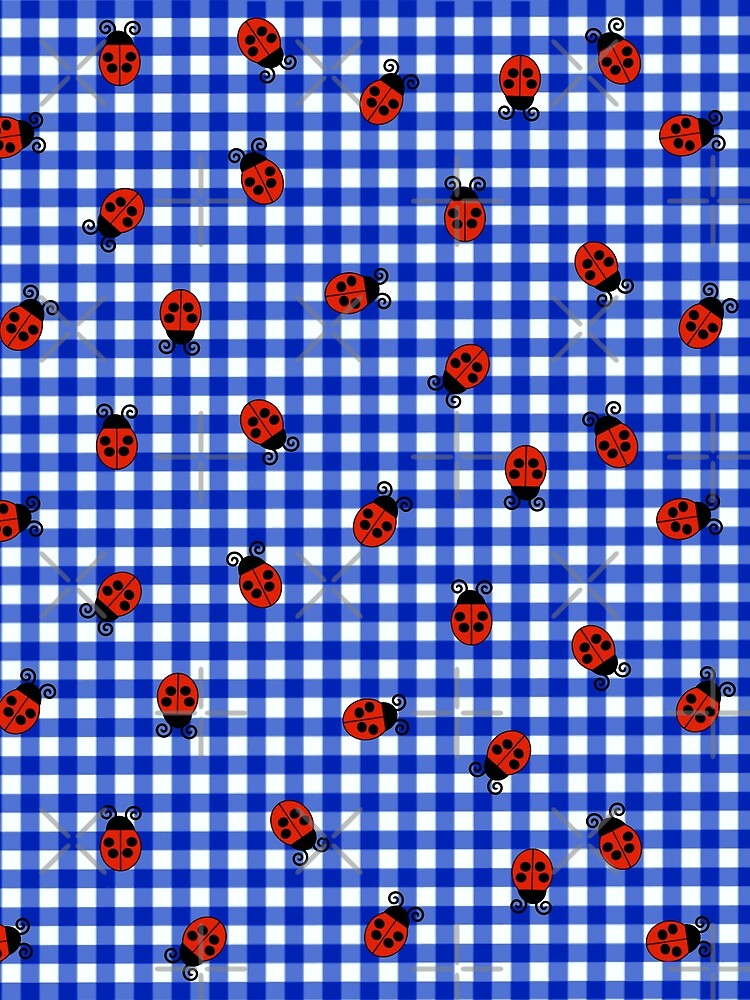 Blue And White Gingham Pattern With Cute Ladybugs by Lovemountain