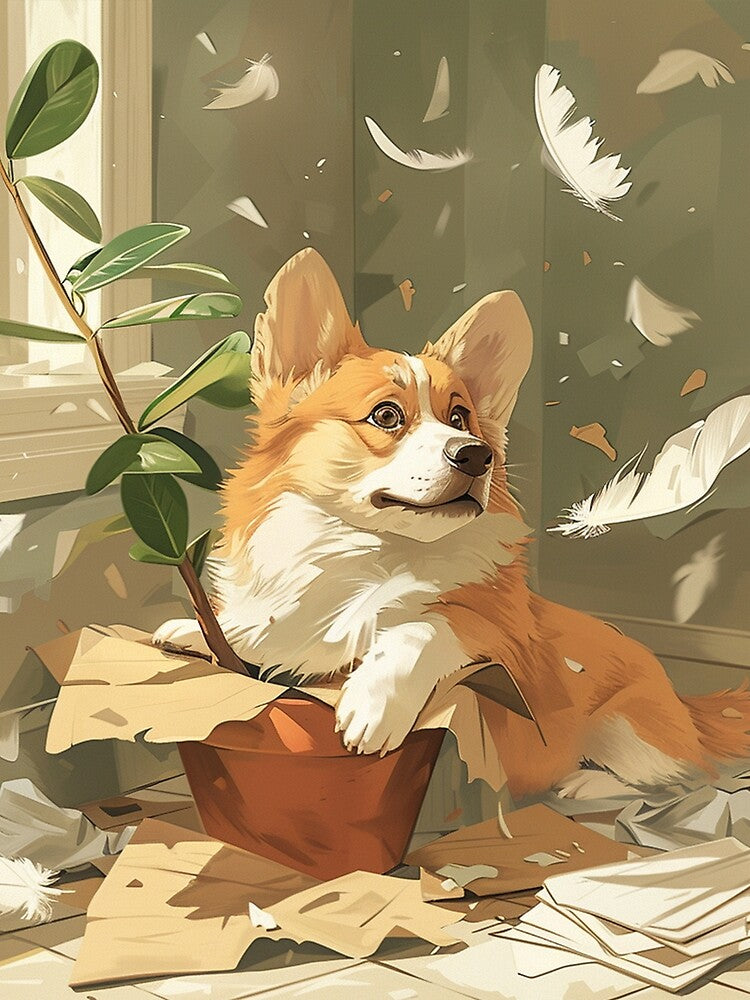 Corgi dog feathers everywhere by CorgiCuddle