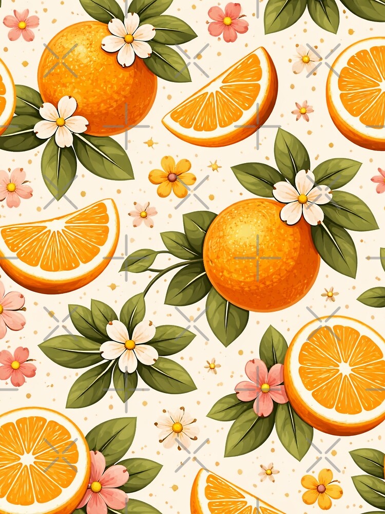 Retro Orange Citrus Pattern with Leaves on Cream (AI Seamless Design) by Cleora Art