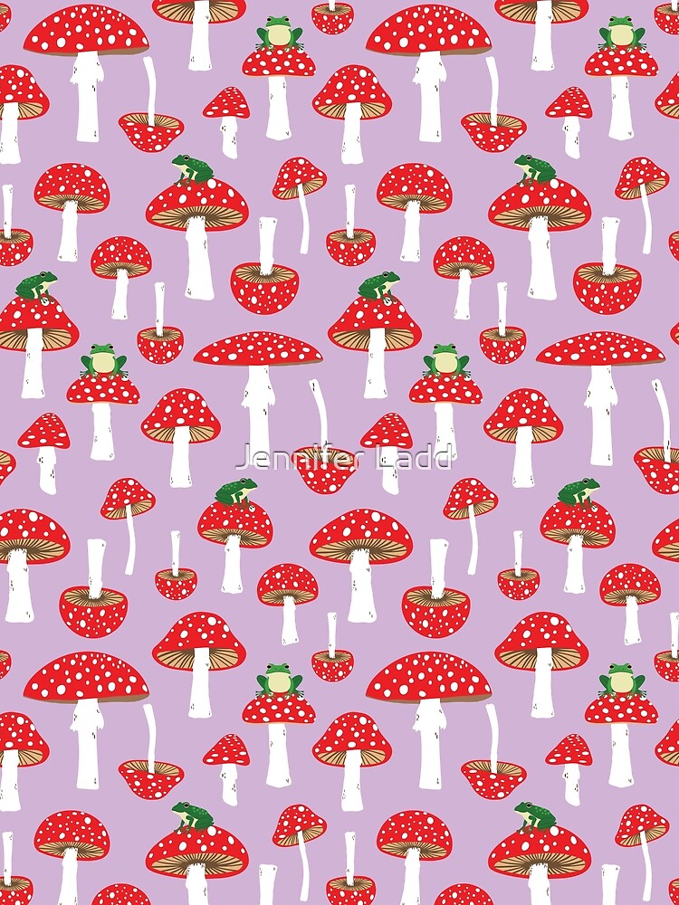 Frogs on mushrooms on purple by Jennifer Ladd