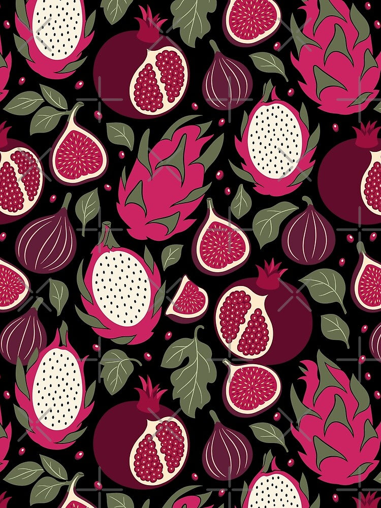 Retro Bold Pomegranate and Dragon Fruit Seamless Pattern by DiNata