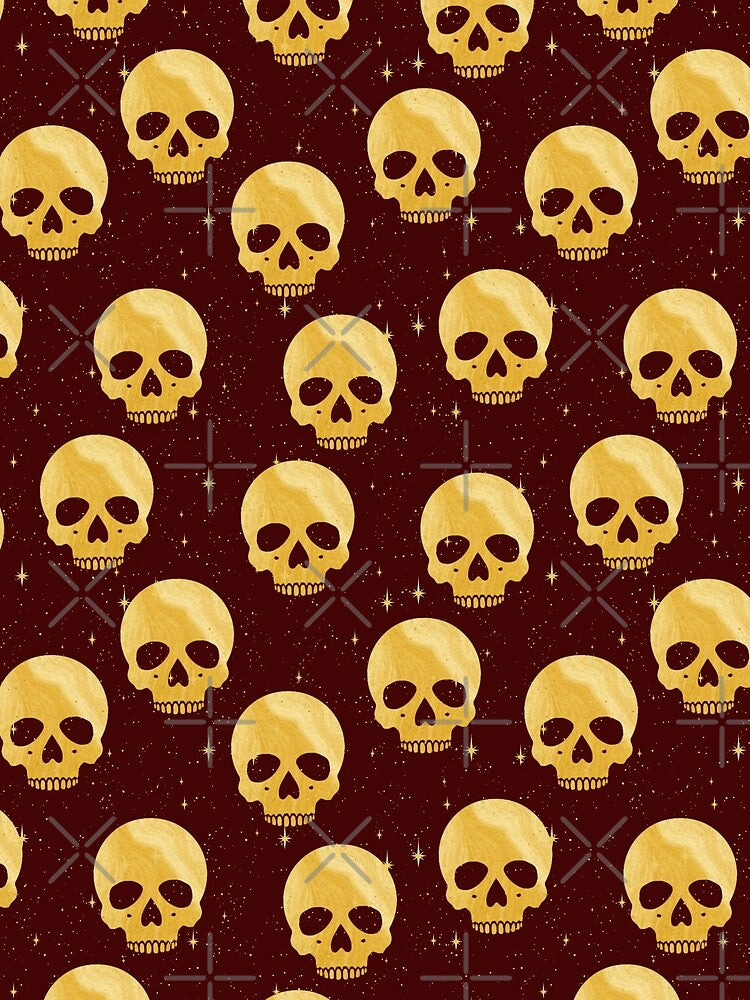 Whimsigoth Golden Skulls on Burgundy by Little Wimbly