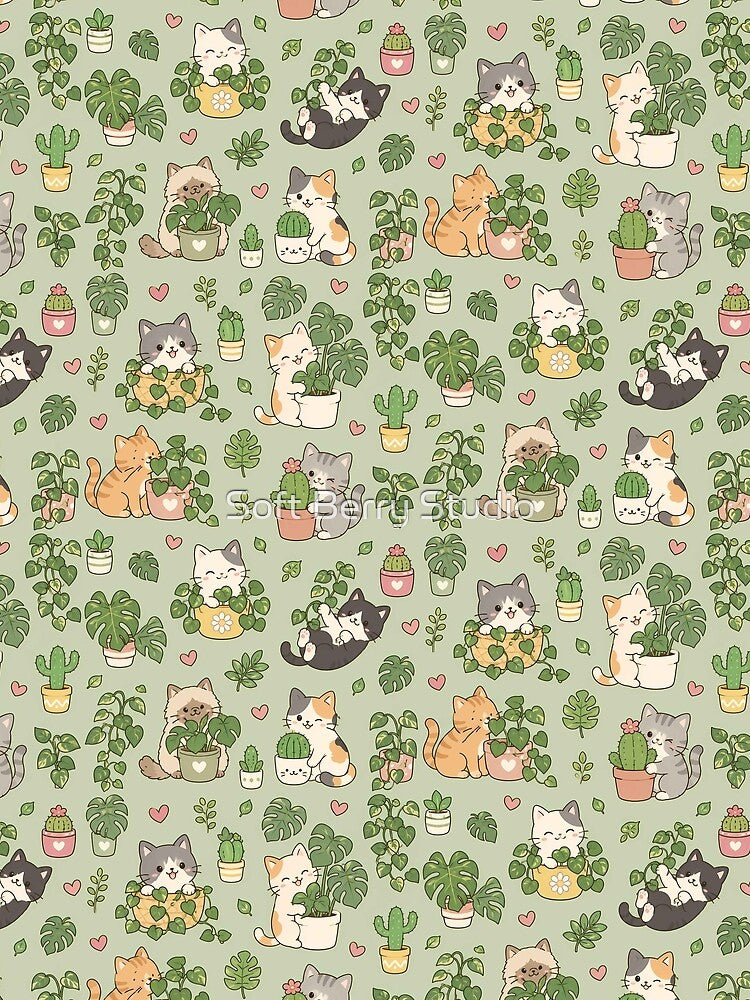 Cozy Cat Houseplants Kawaii Pattern by Soft Berry Studio