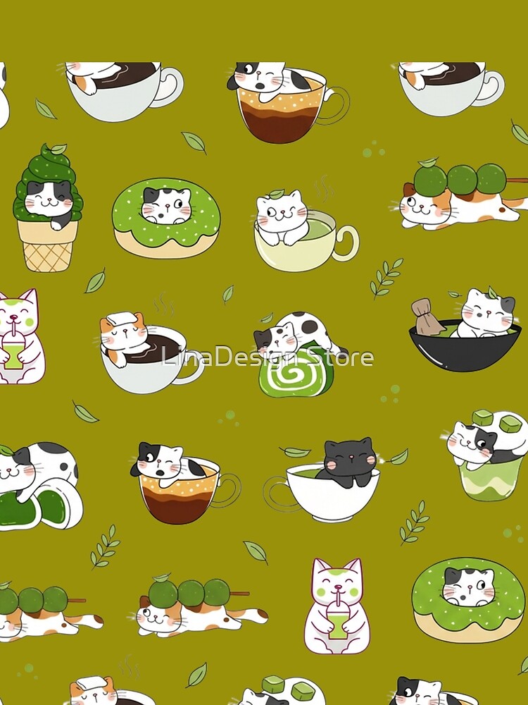 Kawaii Matcha Cat Seamless Pattern by LinaDesign Store