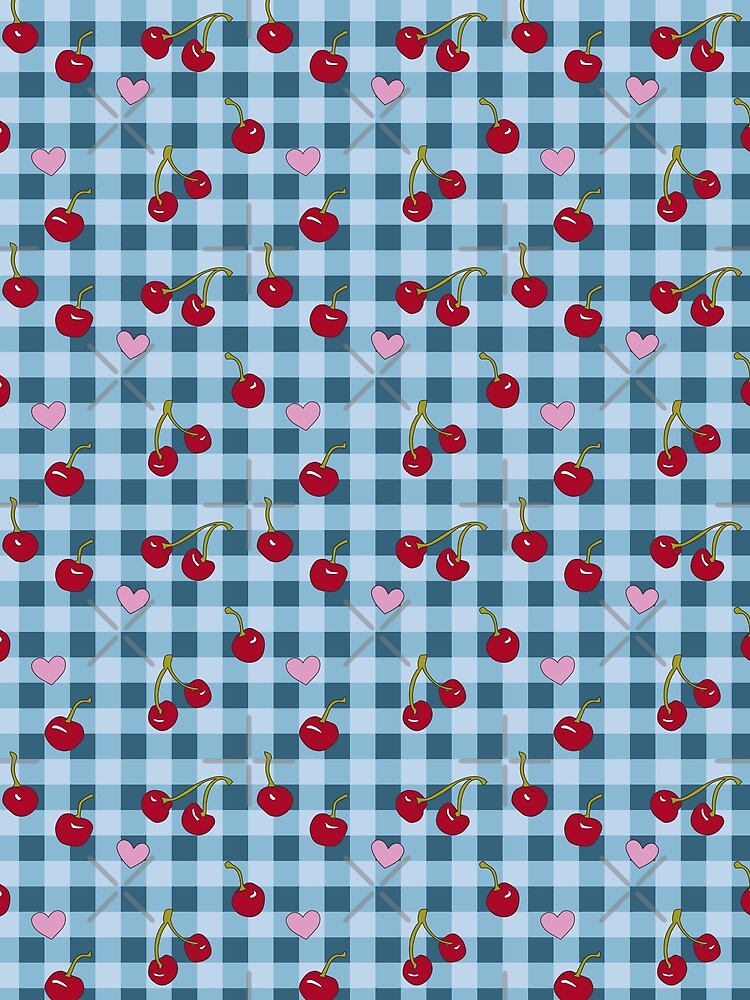 Cherry Love - Blue Picnic Gingham Pattern by Emmyteddy