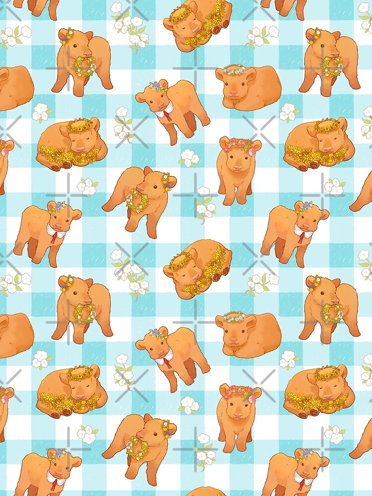 All-Over Fuzzy Highland Cattle Calves - pastel blue gingham pattern - by You Store