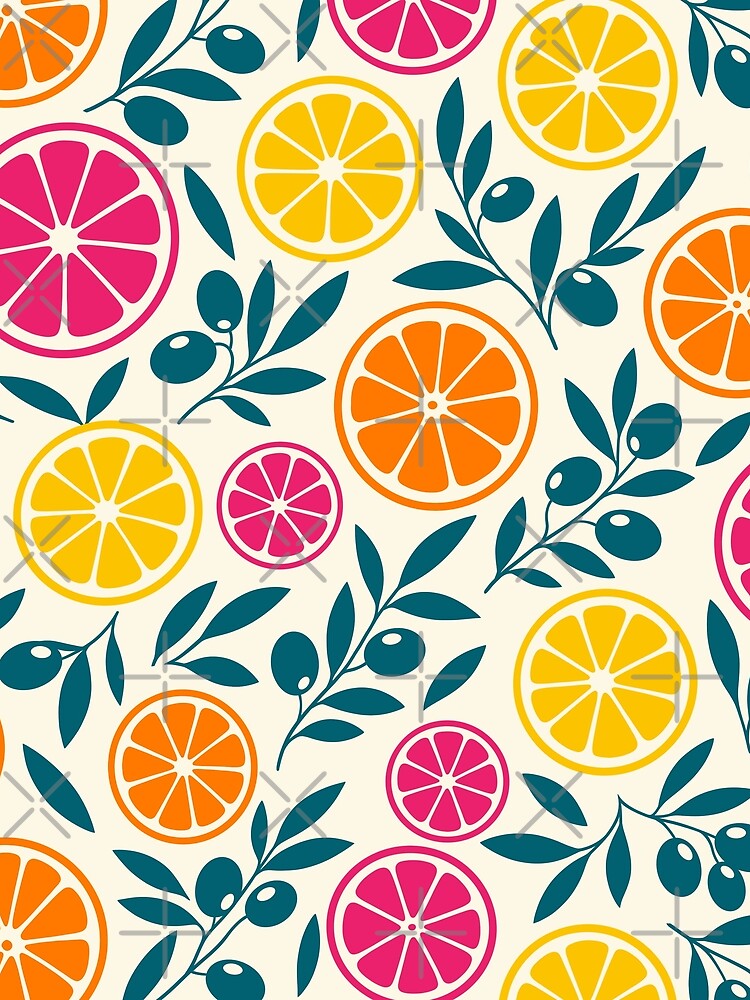 Vibrant Retro Citrus Fruits and Olive Branches Seamless Pattern by DiNata