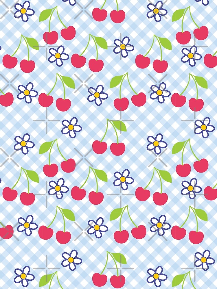 Cherry Daisy Gingham Pattern – Cute Retro Picnic Seamless Design by Maussa Ivimas