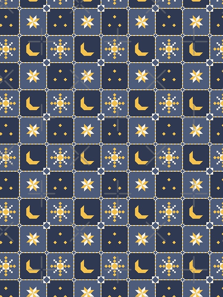 Celestial Quilt Block - Moon and Star Patchwork Blue Night by Elodie-Motifs